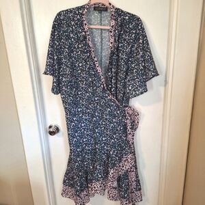 Eloquii Dress Women's 26 Green Pink Printed Wrap Belted Ruffle Neckline Hem